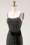 Preto frisado Sereia Esparguete Correias Rhinestone Lado Arco Longo Vestido de Baile com Fenda
