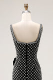 Preto frisado Sereia Esparguete Correias Rhinestone Lado Arco Longo Vestido de Baile com Fenda