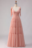 Blush Linha A com Alças de Laço Franzidas com Costas Abertas em Chiffon Vestido Longo de Dama de Honor