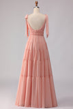 Blush Linha A com Alças de Laço Franzidas com Costas Abertas em Chiffon Vestido Longo de Dama de Honor