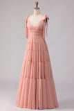 Blush Linha A com Alças de Laço Franzidas com Costas Abertas em Chiffon Vestido Longo de Dama de Honor