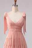 Blush Linha A com Alças de Laço Franzidas com Costas Abertas em Chiffon Vestido Longo de Dama de Honor