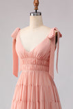 Blush Linha A com Alças de Laço Franzidas com Costas Abertas em Chiffon Vestido Longo de Dama de Honor