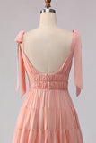 Blush Linha A com Alças de Laço Franzidas com Costas Abertas em Chiffon Vestido Longo de Dama de Honor