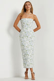Vestido Midi Justo ao Corpo com Estampado Floral Azul e Branca para Convidada de Casamento