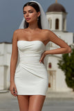 Vestido de Noiva Curto Branco Bodycon Bodycon, Sem Alças e Franzidas.