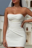 Vestido de Noiva Curto Branco Bodycon Bodycon, Sem Alças e Franzidas.