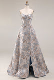 Vestido de Baile Longo Prateado Jacquard Sem Alças com Racha