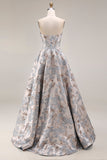 Vestido de Baile Longo Prateado Jacquard Sem Alças com Racha