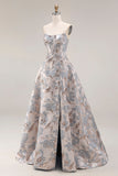 Vestido de Baile Longo Prateado Jacquard Sem Alças com Racha