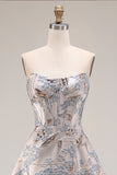 Vestido de Baile Longo Prateado Jacquard Sem Alças com Racha