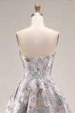 Vestido de Baile Longo Prateado Jacquard Sem Alças com Racha