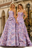 Vestido de baile longo de finalista de brocado de cetim jacquard lilás A-Line A-Line Sem Alças com Laço