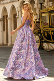 Vestido de baile longo de finalista de brocado de cetim jacquard lilás A-Line A-Line Sem Alças com Laço