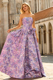 Vestido de baile longo de finalista de brocado de cetim jacquard lilás A-Line A-Line Sem Alças com Laço