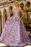 Vestido de baile longo de finalista de brocado de cetim jacquard lilás A-Line A-Line Sem Alças com Laço