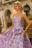 Vestido de baile longo de finalista de brocado de cetim jacquard lilás A-Line A-Line Sem Alças com Laço