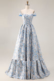Vestido de Baile Longo Descapotável Jacquard Azul Claro Linha A Azul Descoberto