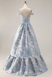 Vestido de Baile Longo Descapotável Jacquard Azul Claro Linha A Azul Descoberto