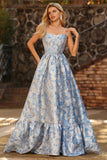 Vestido de Baile de Finalistas Longo Conversível Brocado Jacquard Azul Claro