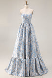Vestido de Baile Longo Descapotável Jacquard Azul Claro Linha A Azul Descoberto