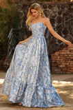 Vestido de Baile de Finalistas Longo Conversível Brocado Jacquard Azul Claro