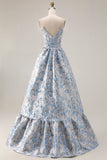 Vestido de Baile Longo Descapotável Jacquard Azul Claro Linha A Azul Descoberto