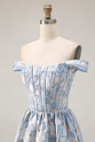 Vestido de Baile Longo Descapotável Jacquard Azul Claro Linha A Azul Descoberto