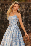 Vestido de Baile de Finalistas Longo Conversível Brocado Jacquard Azul Claro