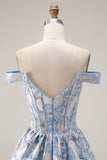 Vestido de Baile Longo Descapotável Jacquard Azul Claro Linha A Azul Descoberto