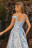 Vestido de Baile de Finalistas Longo Conversível Brocado Jacquard Azul Claro