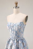 Vestido de Baile Longo Descapotável Jacquard Azul Claro Linha A Azul Descoberto