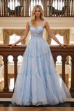 Floral Azul Uma Linha Esparguete Correias Longo Vestido de Baile