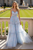 Floral Azul Uma Linha Esparguete Correias Longo Vestido de Baile