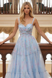 Floral Azul Uma Linha Esparguete Correias Longo Vestido de Baile