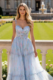 Floral Azul Uma Linha Esparguete Correias Longo Vestido de Baile