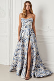 Flor azul estampada sem alças uma linha longo vestido de baile com fenda