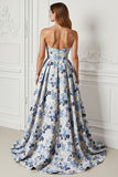Flor azul estampada sem alças uma linha longo vestido de baile com fenda