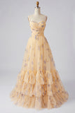 Vestido de Baile Amarelo Floral A Line Plissado e Estampado com Folhos