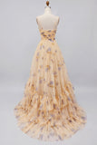Vestido de Baile Amarelo Floral A Line Plissado e Estampado com Folhos