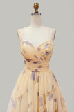 Vestido de Baile Amarelo Floral A Line Plissado e Estampado com Folhos