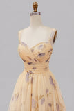 Vestido de Baile Amarelo Floral A Line Plissado e Estampado com Folhos