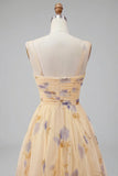 Vestido de Baile Amarelo Floral A Line Plissado e Estampado com Folhos