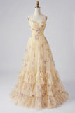 Vestido de Baile Amarelo Floral A Line Plissado e Estampado com Folhos