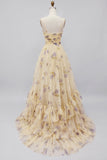 Vestido de Baile Amarelo Floral A Line Plissado e Estampado com Folhos