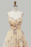 Vestido de Baile Amarelo Floral A Line Plissado e Estampado com Folhos