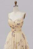 Vestido de Baile Amarelo Floral A Line Plissado e Estampado com Folhos