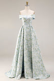 Vestido de Baile Comprido Branca e Azul com Estampado Floral Linha-A e Ombro a Ombro