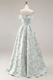 Vestido de Baile Comprido Branca e Azul com Estampado Floral Linha-A e Ombro a Ombro