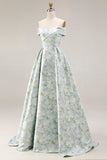 Vestido de Baile Comprido Branca e Azul com Estampado Floral Linha-A e Ombro a Ombro